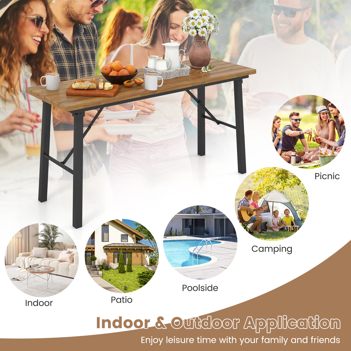 Outdoor Dining Table and Bench Set with Acacia Wood Top for Yard