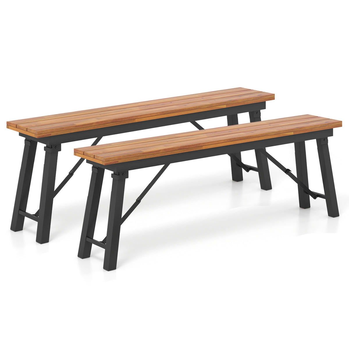 Outdoor Dining Table and Bench Set with Acacia Wood Top for Yard