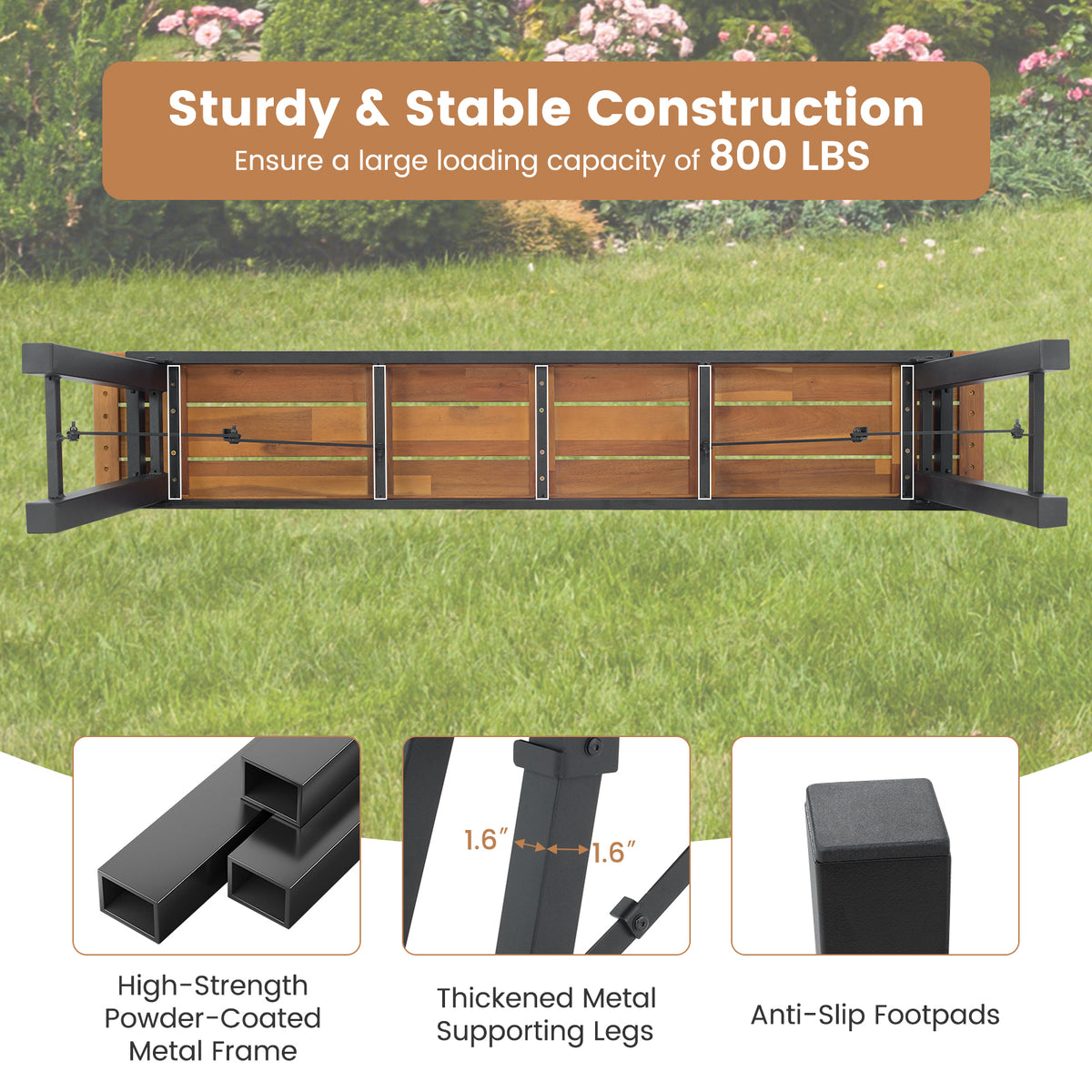 Outdoor Dining Table and Bench Set with Acacia Wood Top for Yard