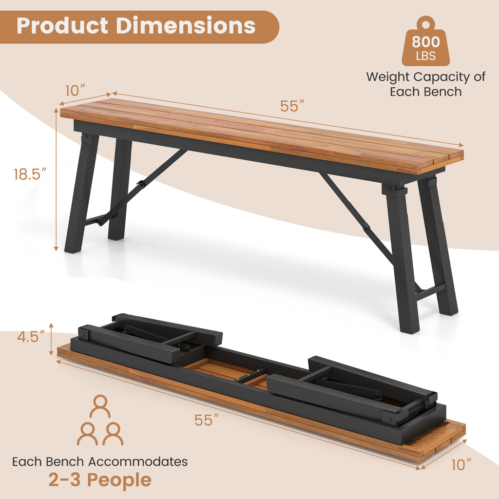 Outdoor Dining Table and Bench Set with Acacia Wood Top for Yard