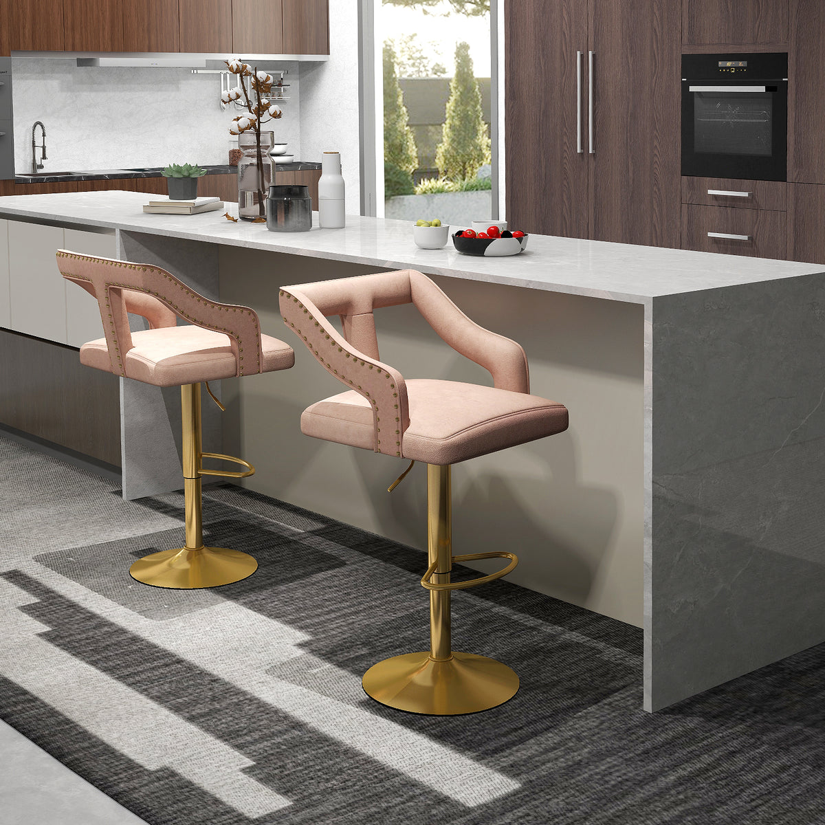 Set of 2 Bar Stools with Footrest and Swivel Seat - Pink