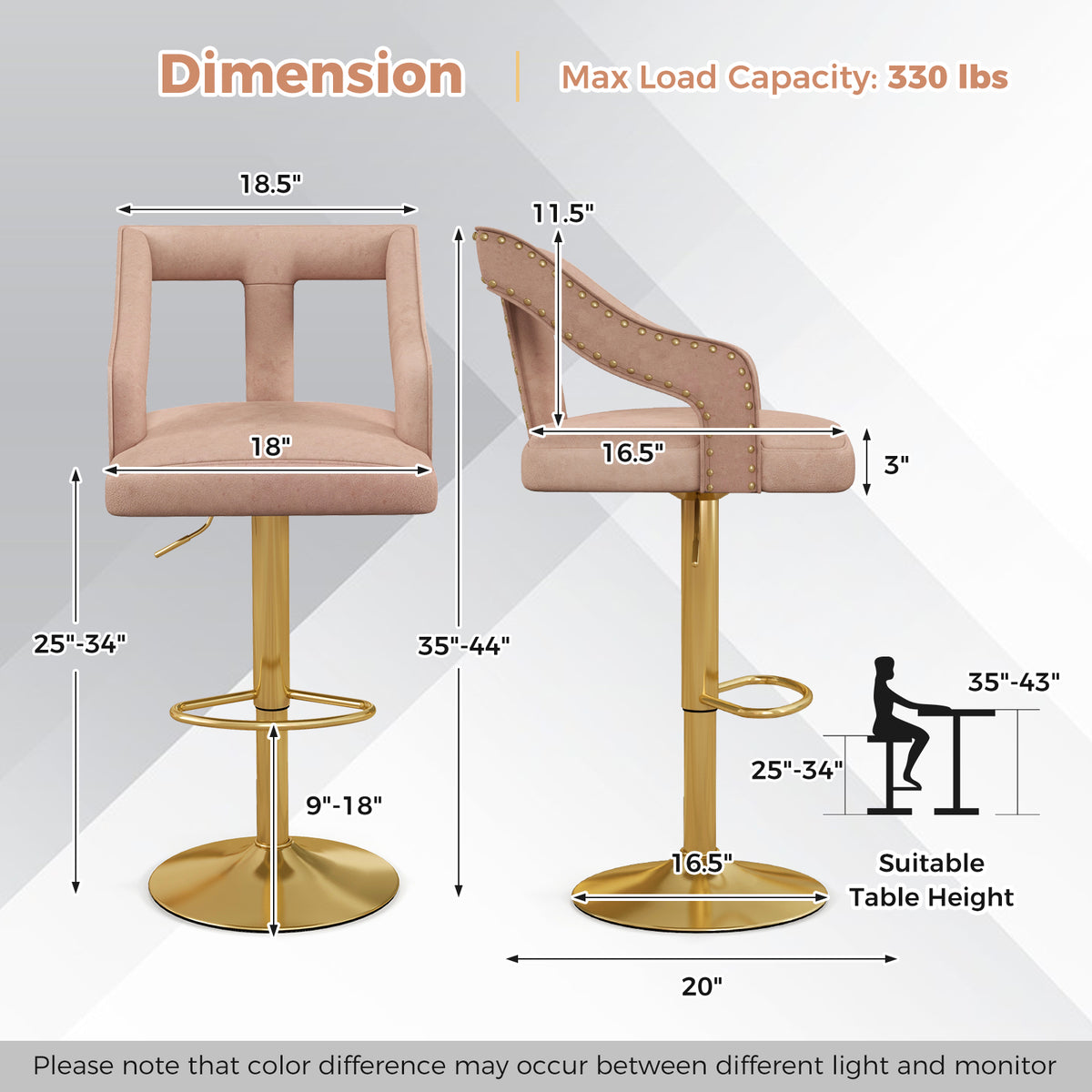 Set of 2 Bar Stools with Footrest, Adjustable Height - Pink