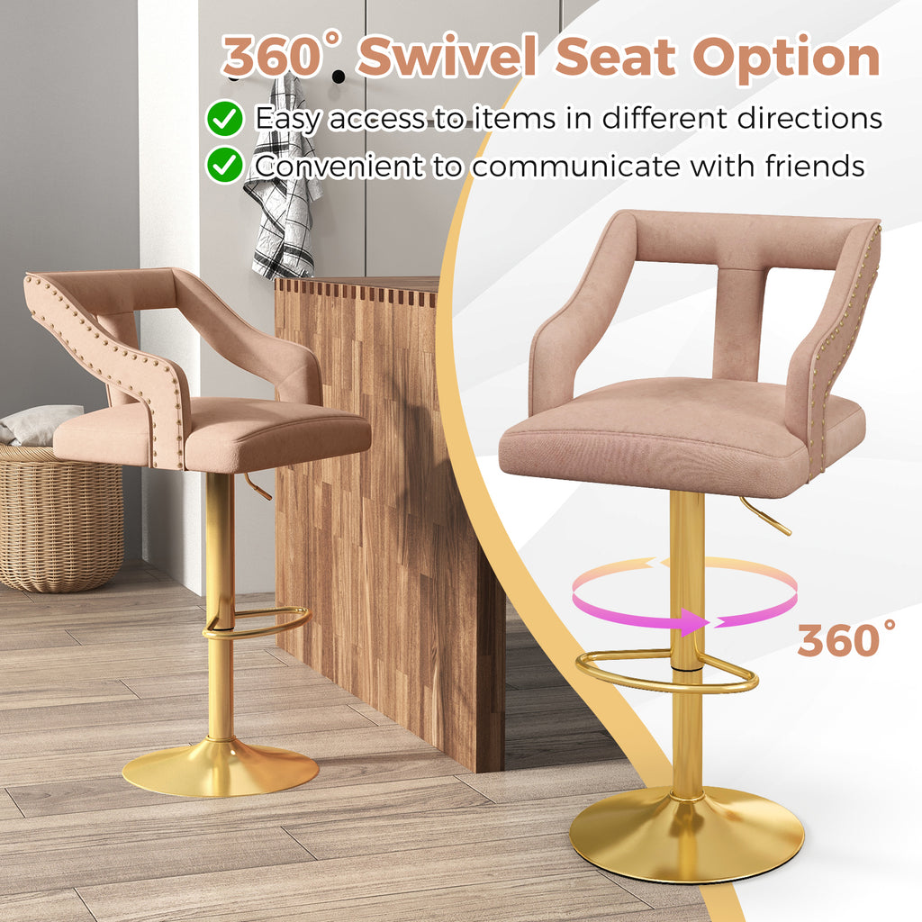 Set of 2 Bar Stools with Footrest, Adjustable Height - Pink