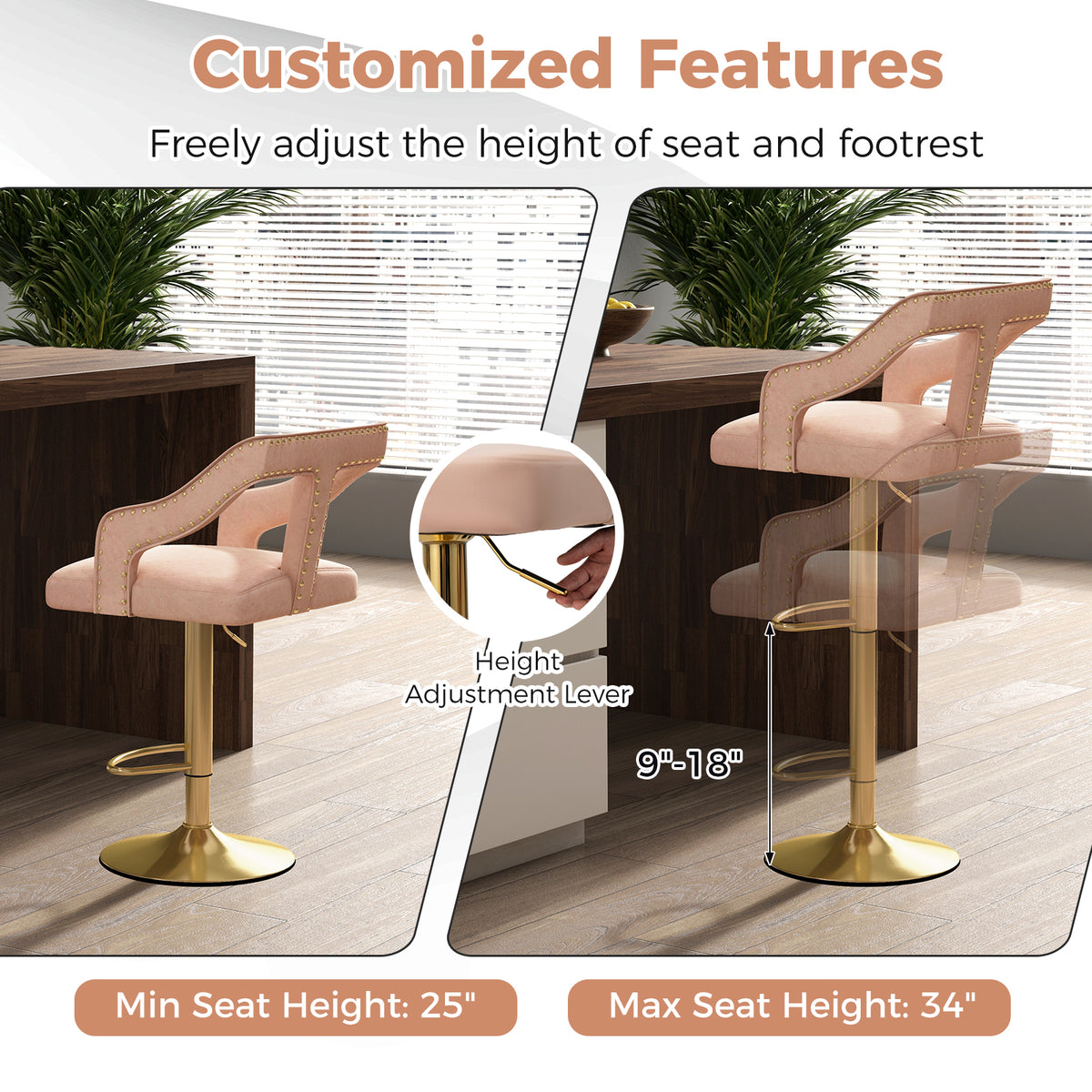 Set of 2 Bar Stools with Footrest and Swivel Seat - Pink