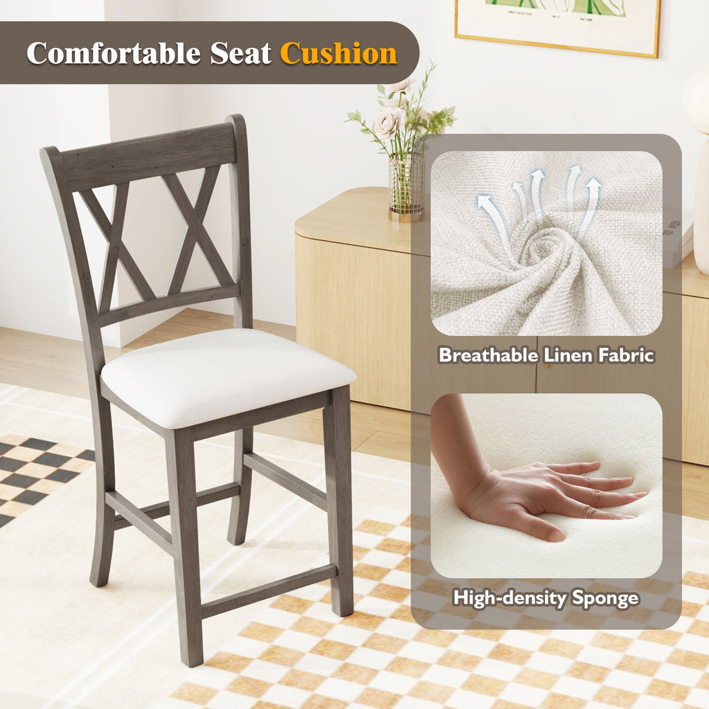Bar Stools Set of 2 with Cross Back and Linen Upholstered Seat - Beige