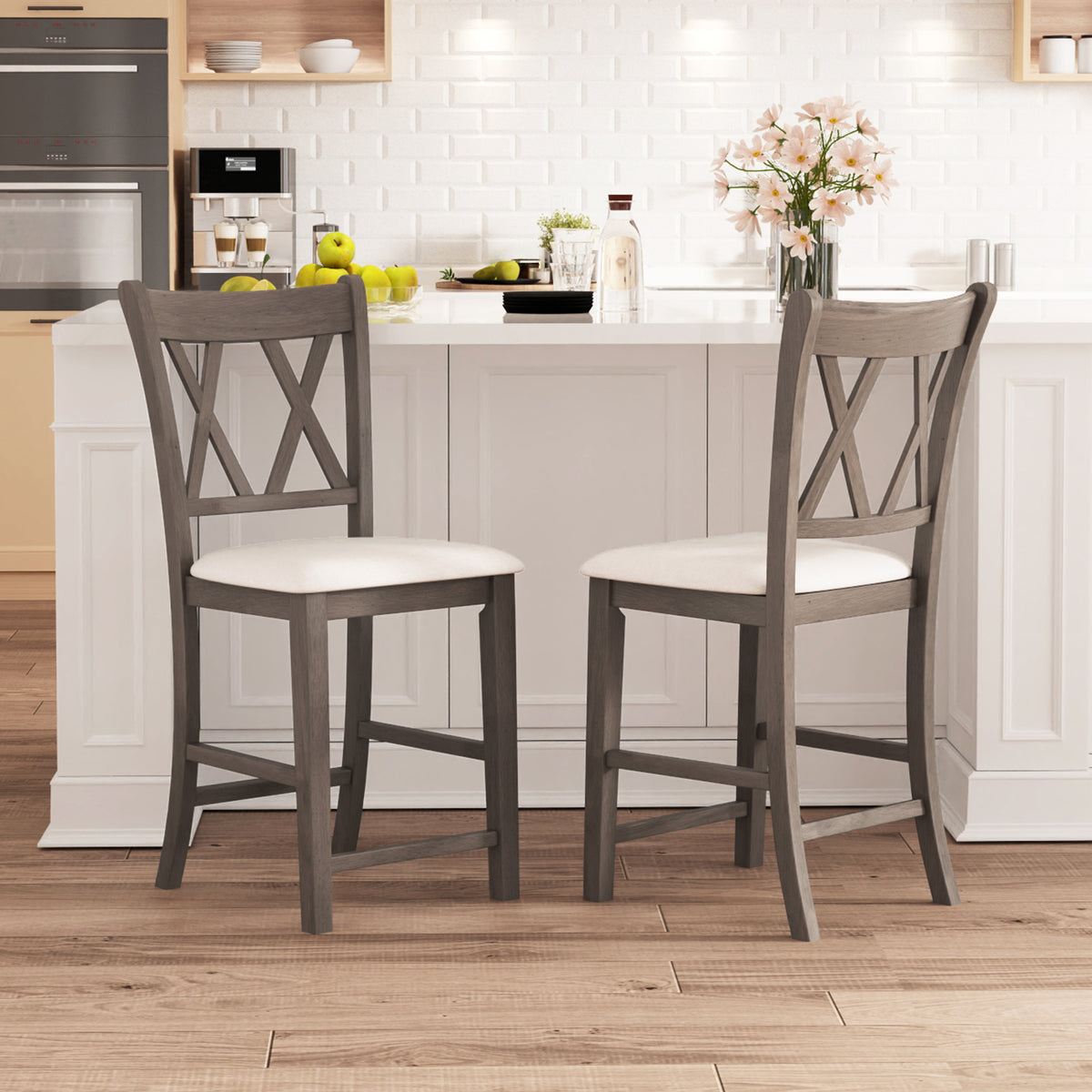 Bar Stools Set of 2 with Cross Back, Linen Fabric - Beige