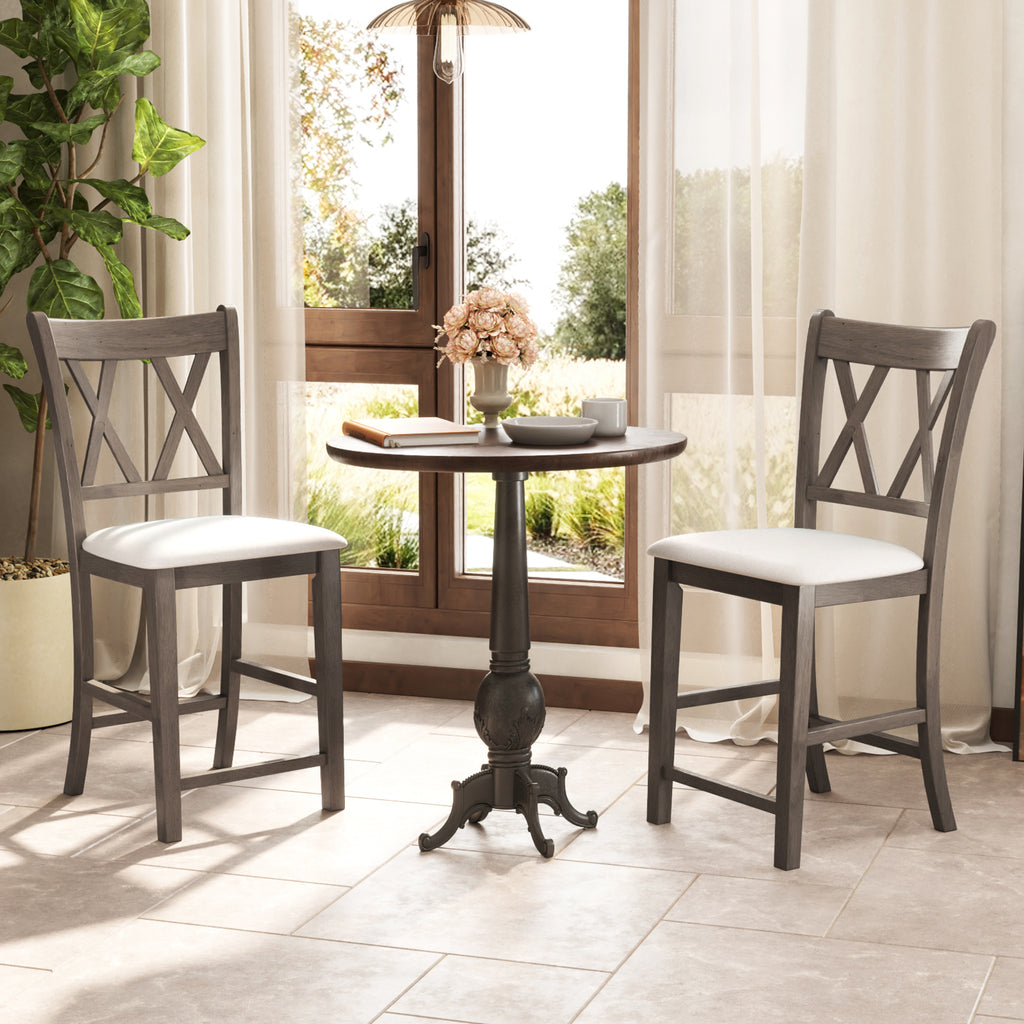 Bar Stools Set of 2 with Cross Back and Linen Upholstered Seat - Beige