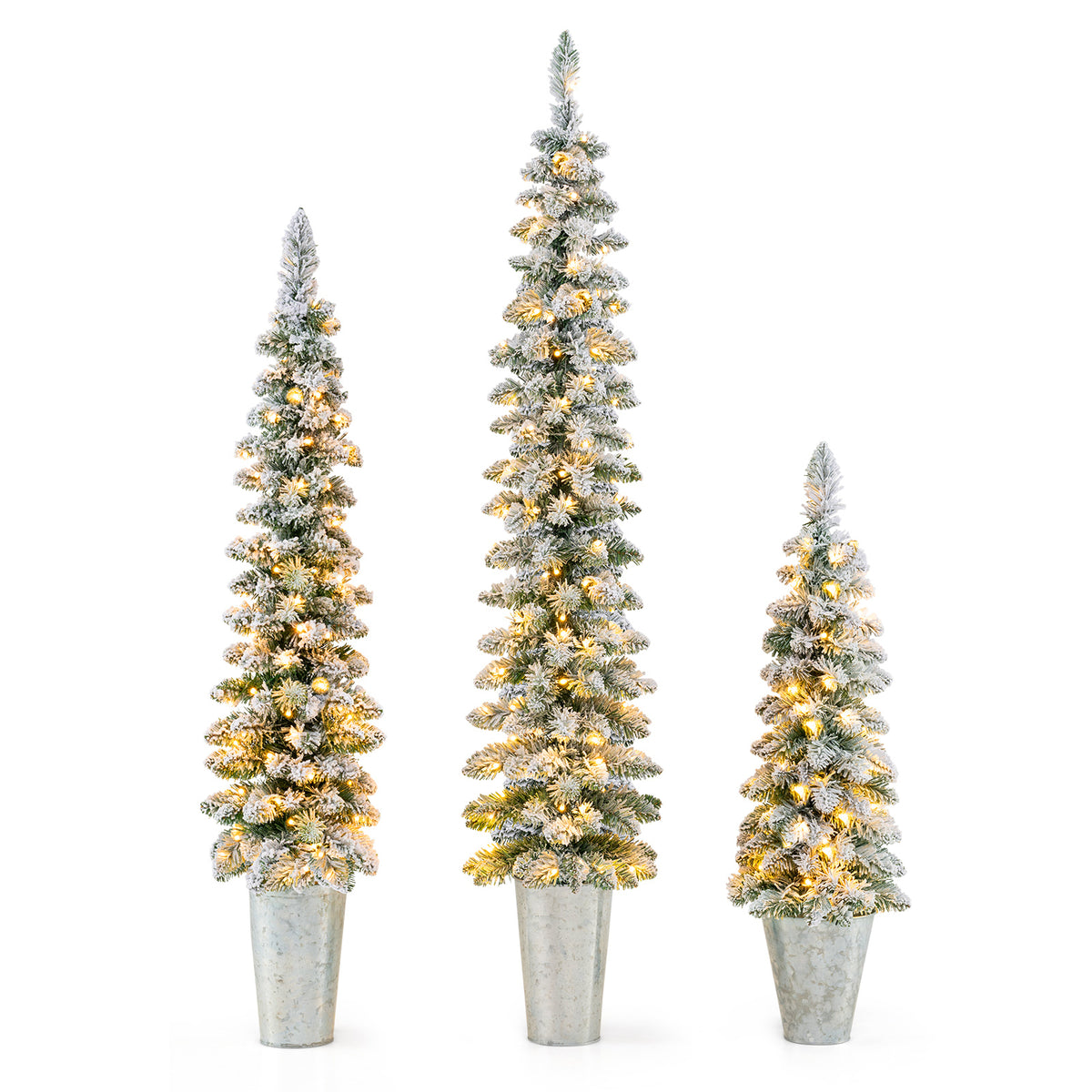 Pre-Lit Snow Flocked Artificial Christmas Trees Set of 3 - Costway - Snow Flocked Variation