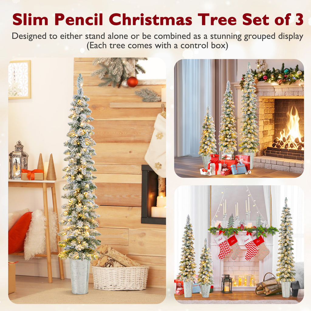 Pre-Lit Snow Flocked Artificial Christmas Trees Set of 3 - Costway - Snow Flocked Variation