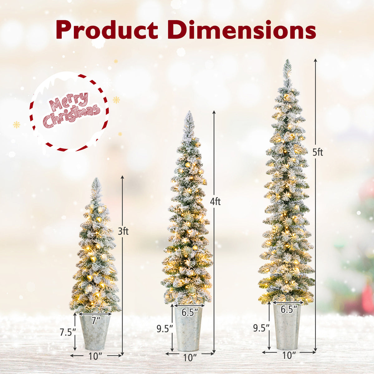 Pre-Lit Snow Flocked Artificial Christmas Trees Set of 3 - Costway - Snow Flocked Variation
