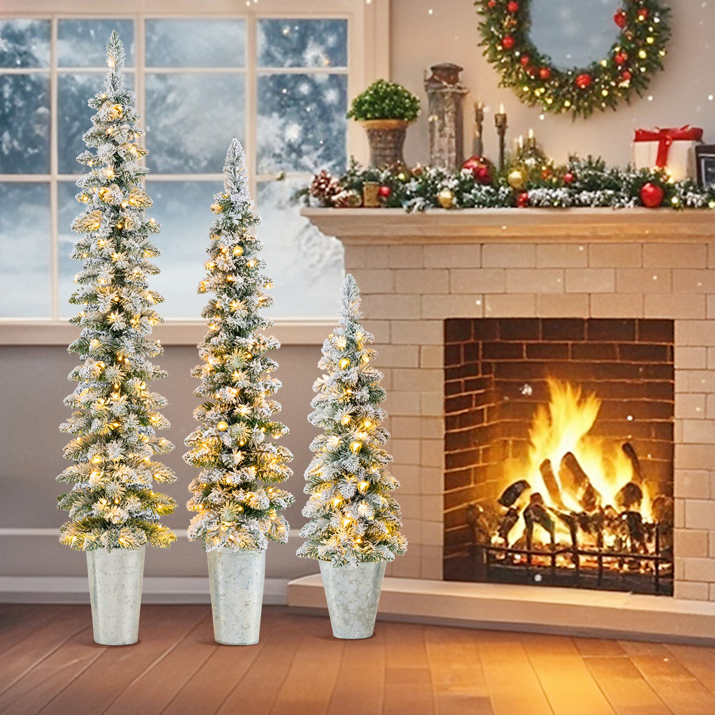 Pre-Lit Snow Flocked Artificial Christmas Trees Set of 3 - Costway - Snow Flocked Variation