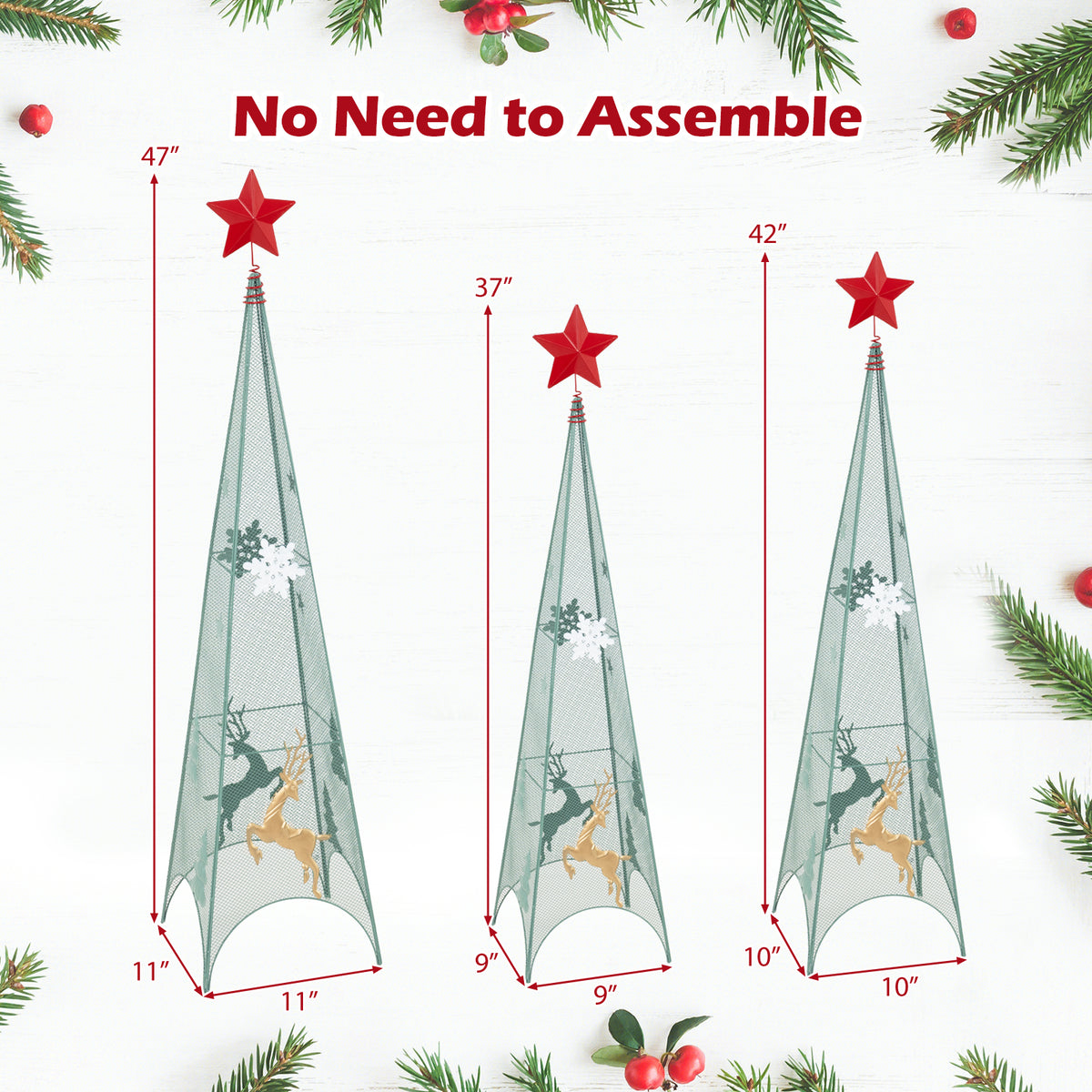 Set of 3 Tower Shaped Christmas Trees with Removable Star Toppers - 3ft, 3.5ft, 4ft Holiday Decor