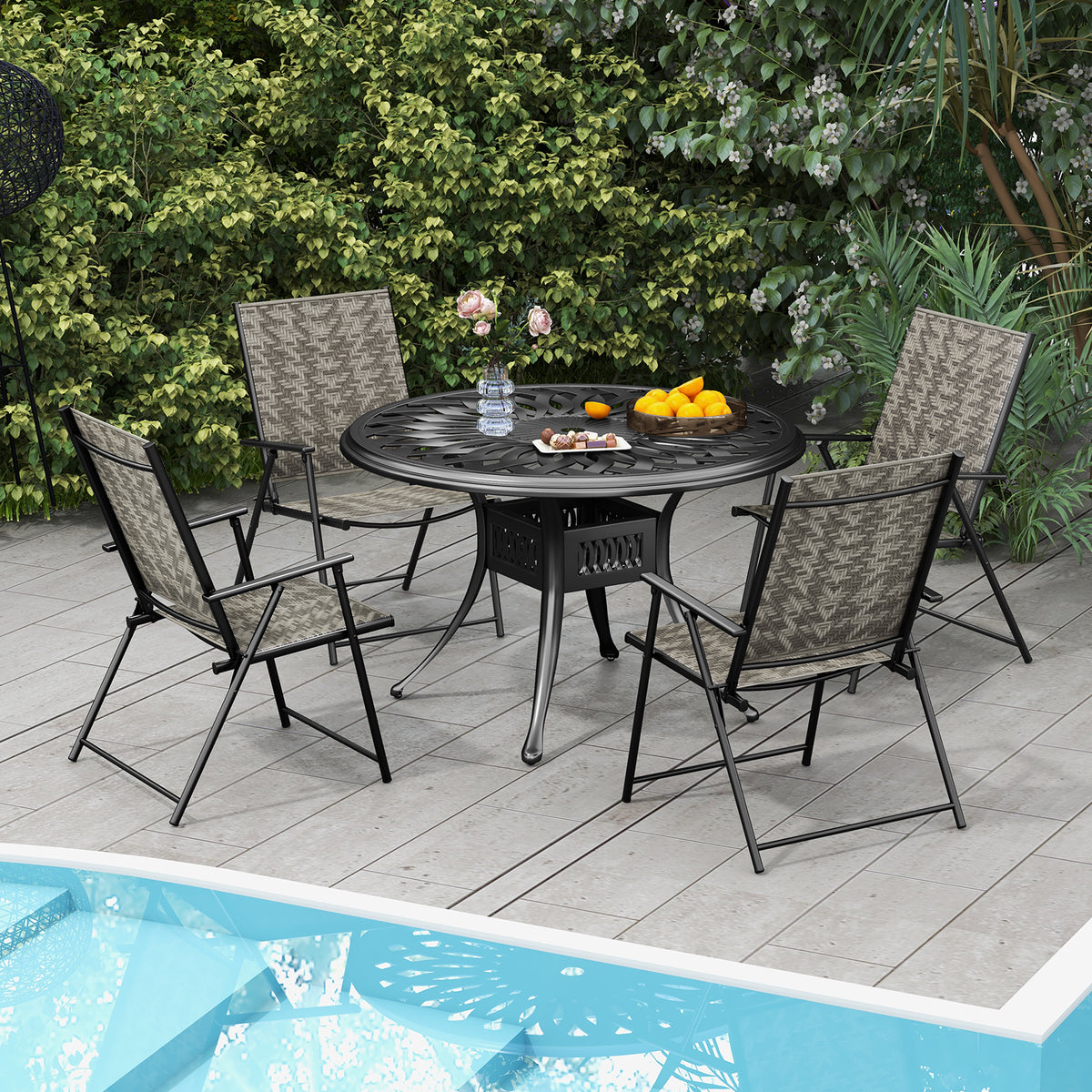 Set of 4 Patio Folding Chairs with Armrests and Portable Lawn for
