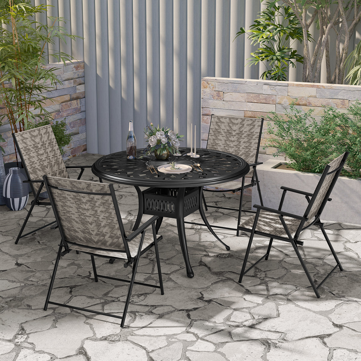 Set of 4 Patio Folding Chairs with Armrests and Portable Lawn for