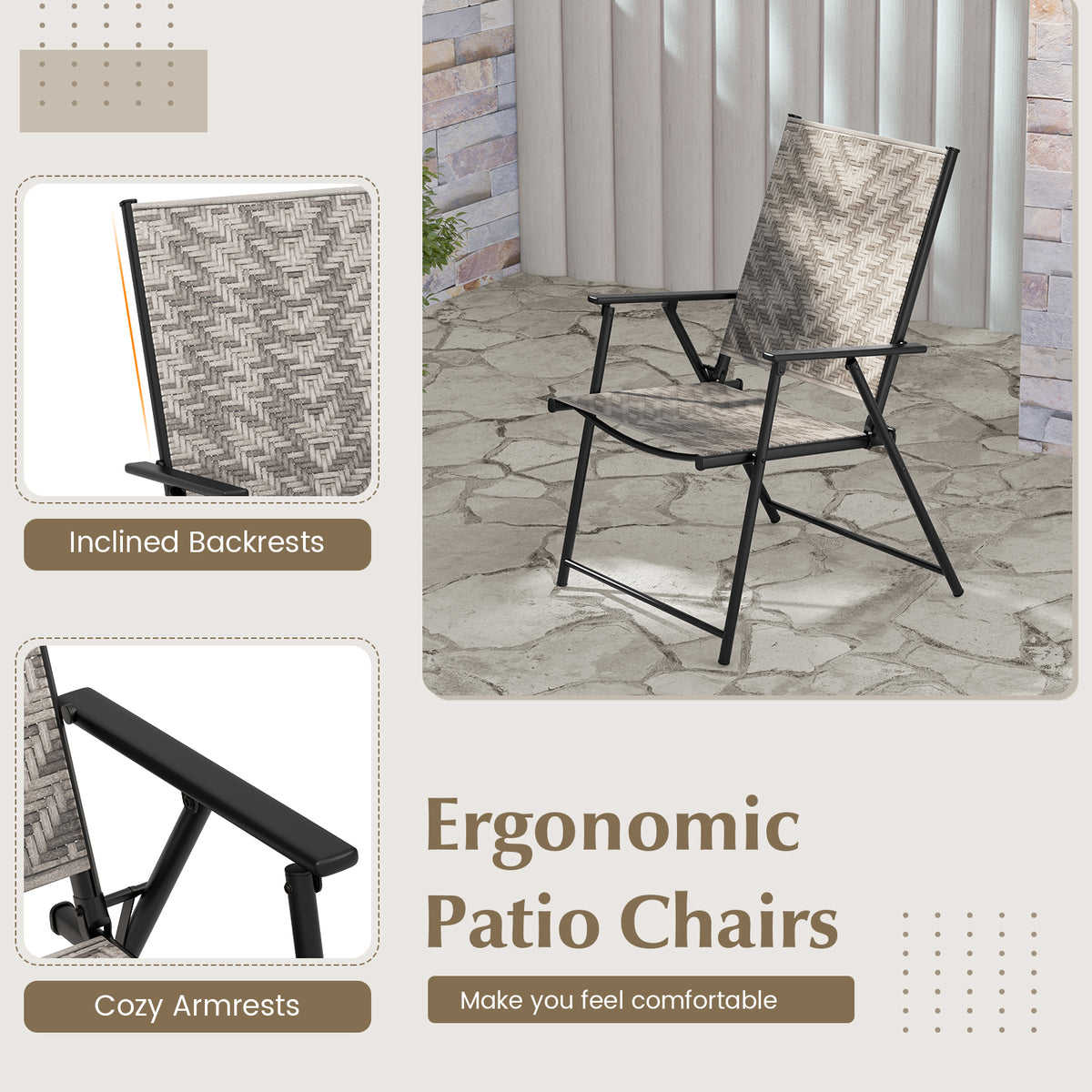 Set of 4 Patio Folding Chairs with Armrests and Portable Lawn for