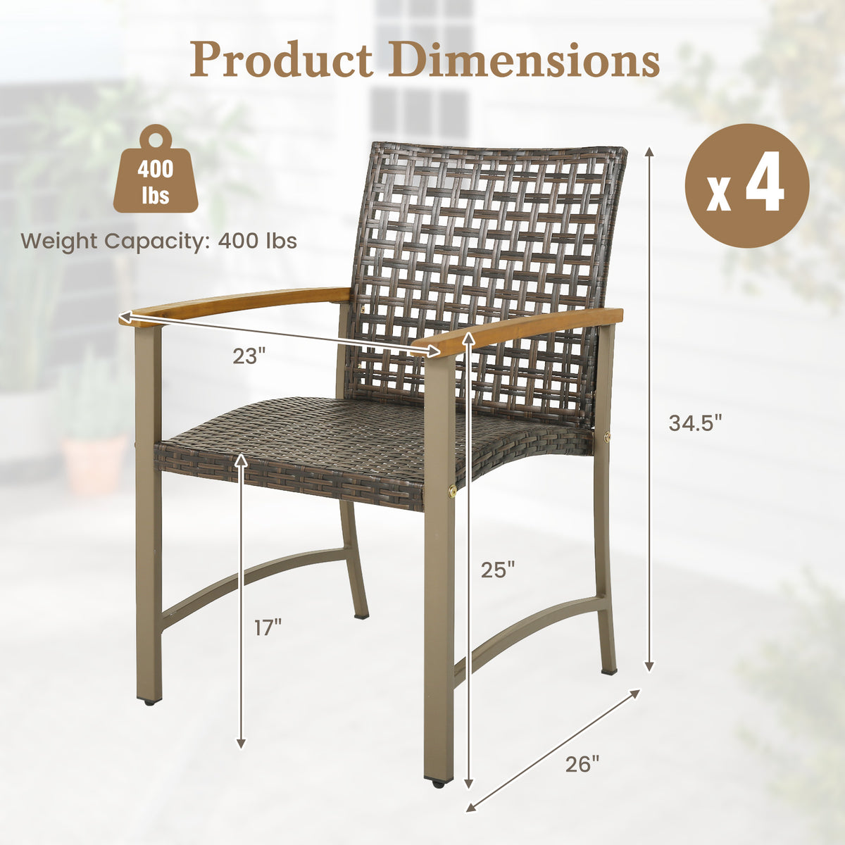 Set of 4 Patio Rattan Dining Chairs with Acacia Wood Armrests