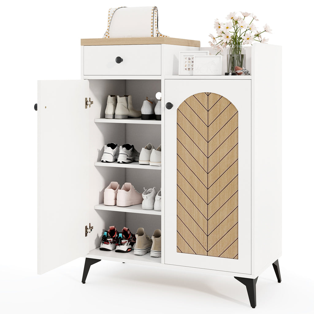 2-Door Shoe Rack Organizer with 6 Shelves & Drawer - White
