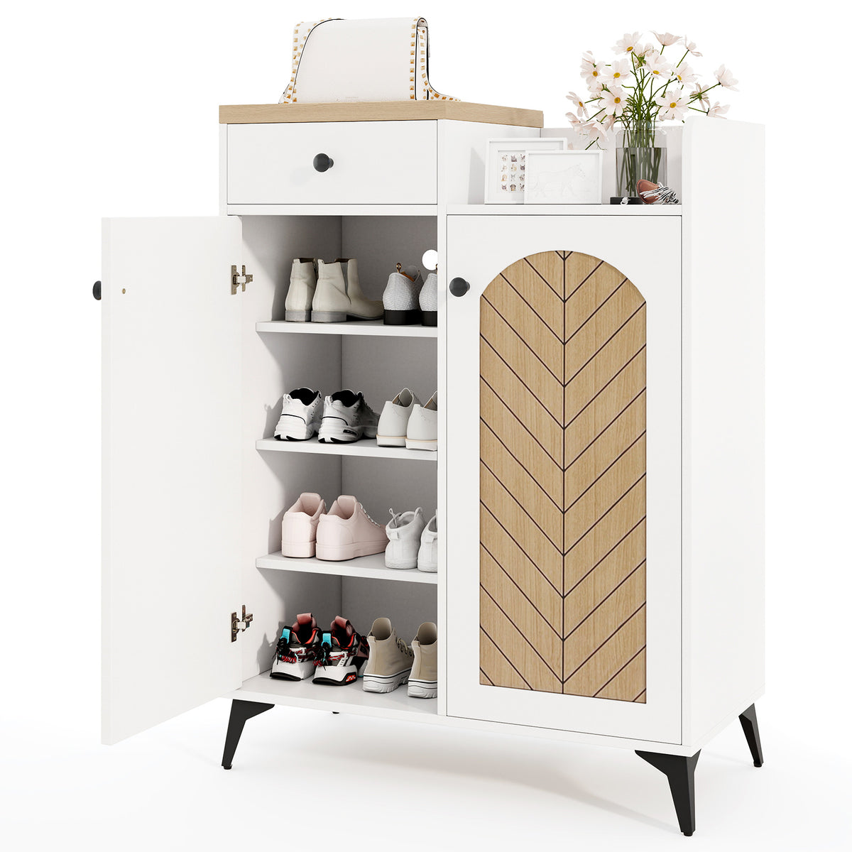 2-Door Shoe Rack Organizer with 6 Shelves & Drawer - White