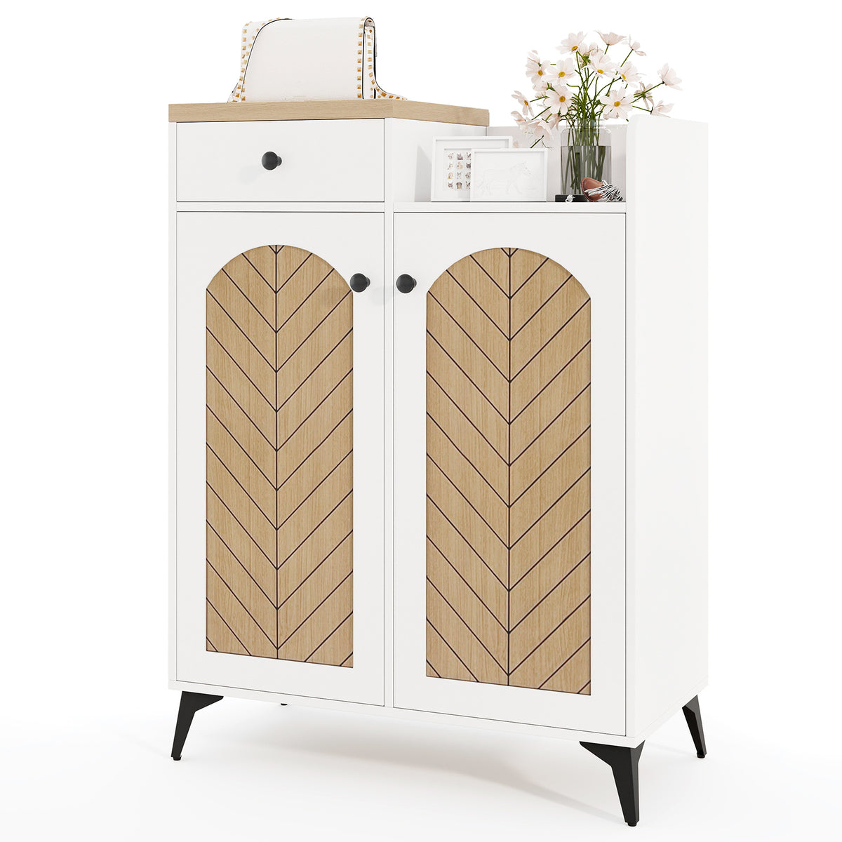 2-Door Shoe Rack Organizer with 6 Shelves & Drawer - White