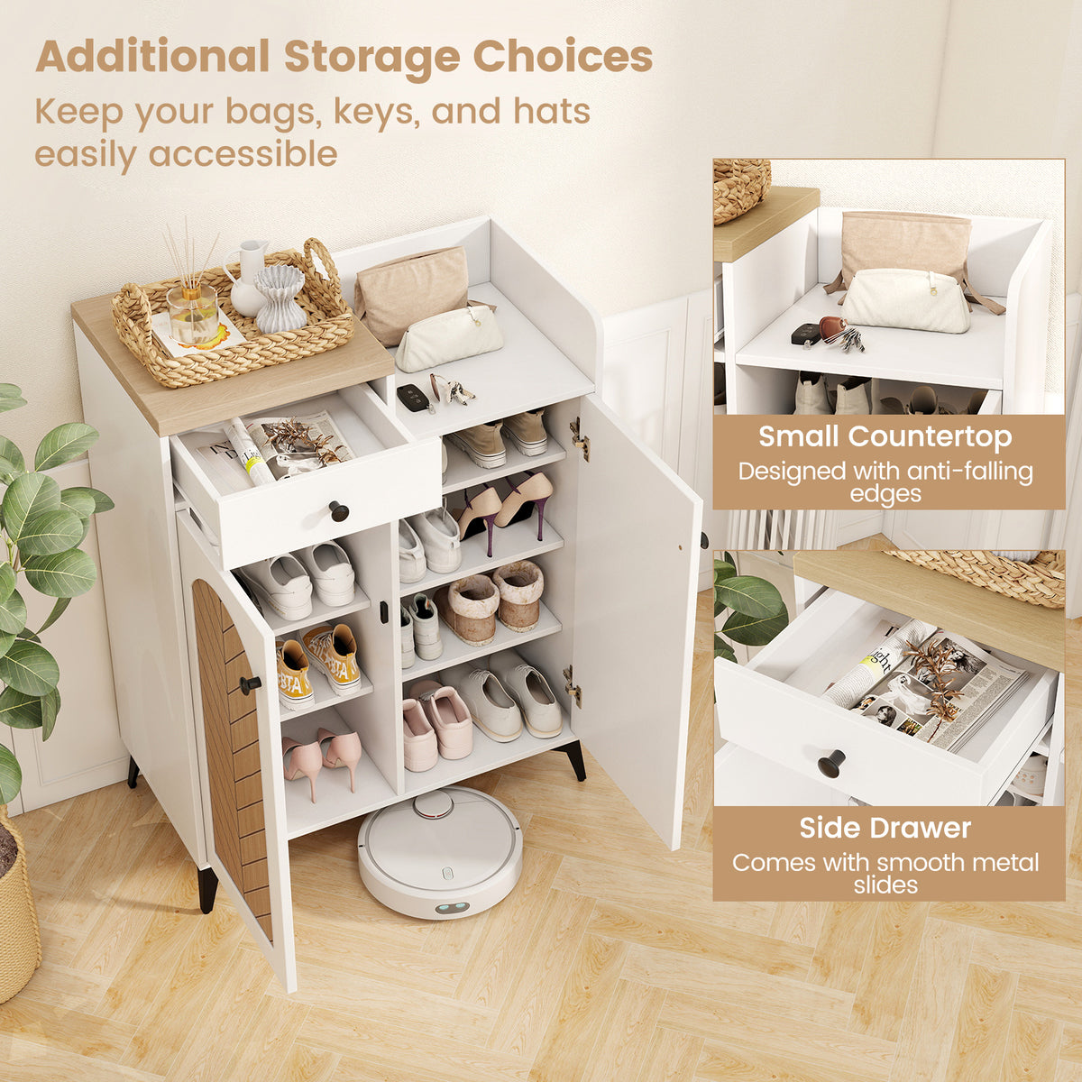 2-Door Shoe Rack Organizer with 6 Shelves & Drawer - White