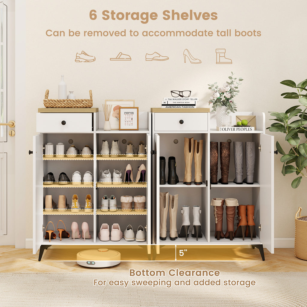2-Door Shoe Rack Organizer with 6 Shelves & Drawer - White