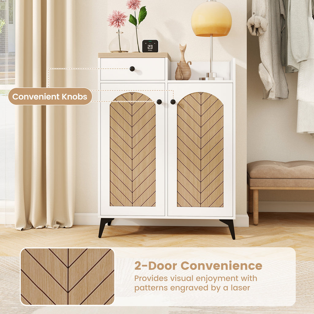 2-Door Shoe Rack Organizer with 6 Shelves & Drawer - White