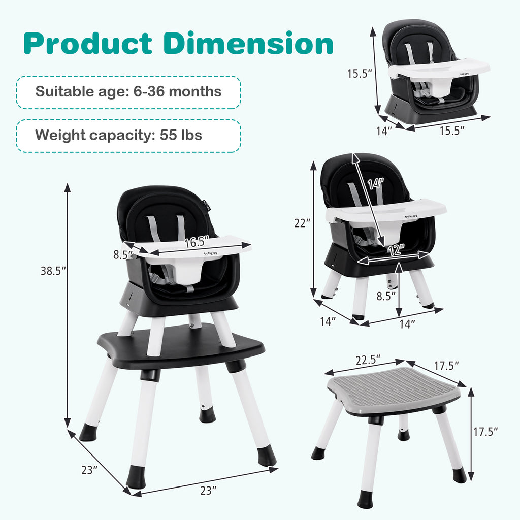 8-in-1 Convertible Baby High Chair with Removable Tray - Black