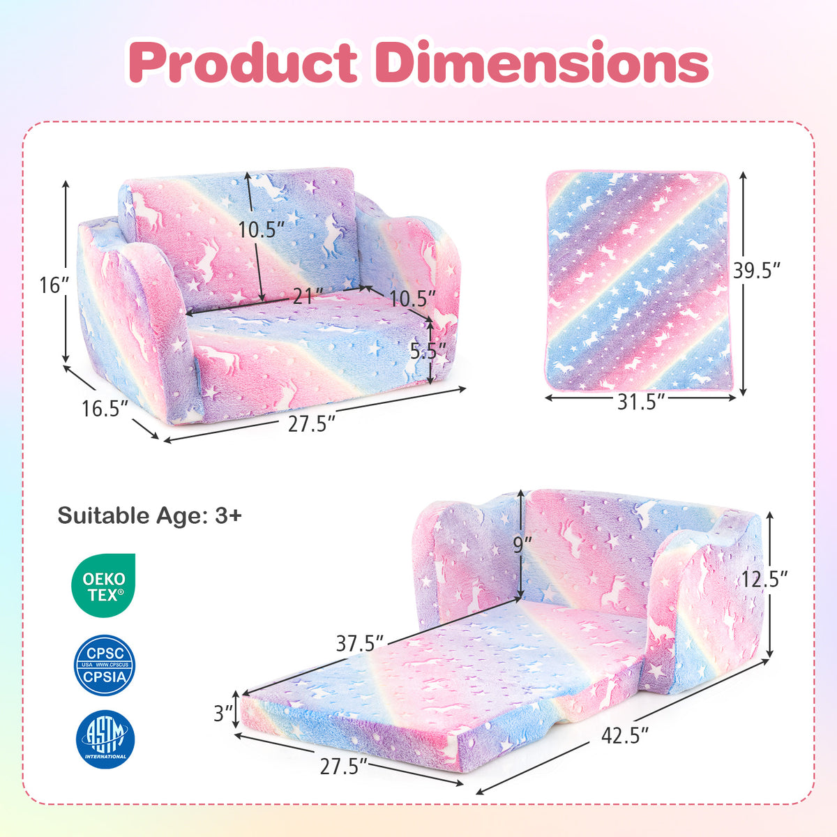 2-in-1 Kids Couch Bed with Blanket - Glow in the Dark, Multicolor