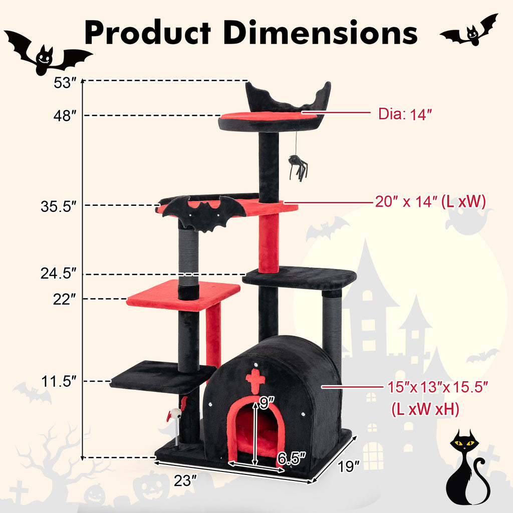 Gothic Cat Tree Tower with Cat Bed & Arch Condo - 53 Inch Tall, Black - Cat Furniture