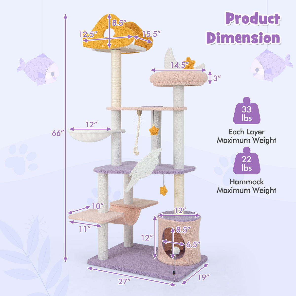 66-Inch Tall Cat Tree Tower with Sisal Scratching Posts - Purple