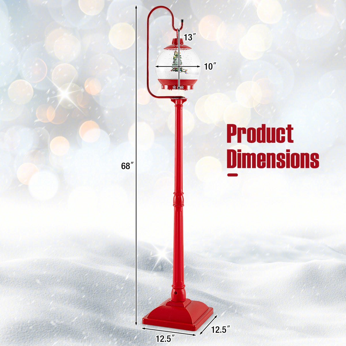 68 Inch Festive Musical Christmas Street Lamp Post with Snow Globe Lantern - Red Variation