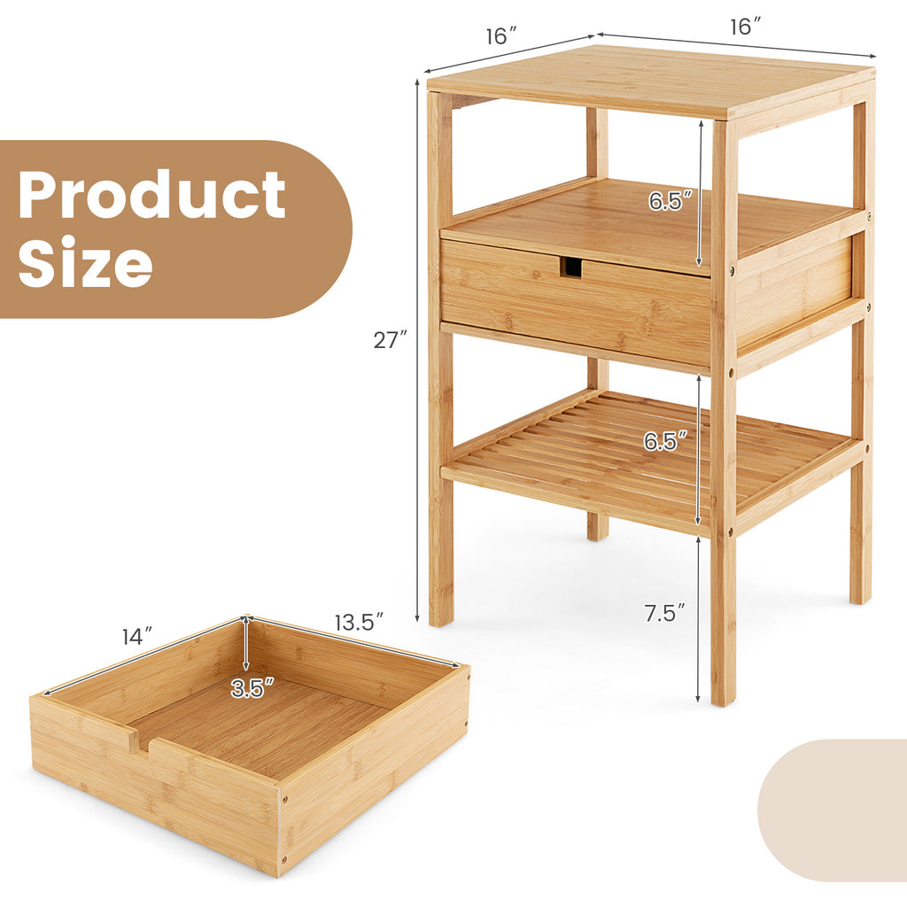 Bamboo Nightstand with 2 Open Shelves and Drawer