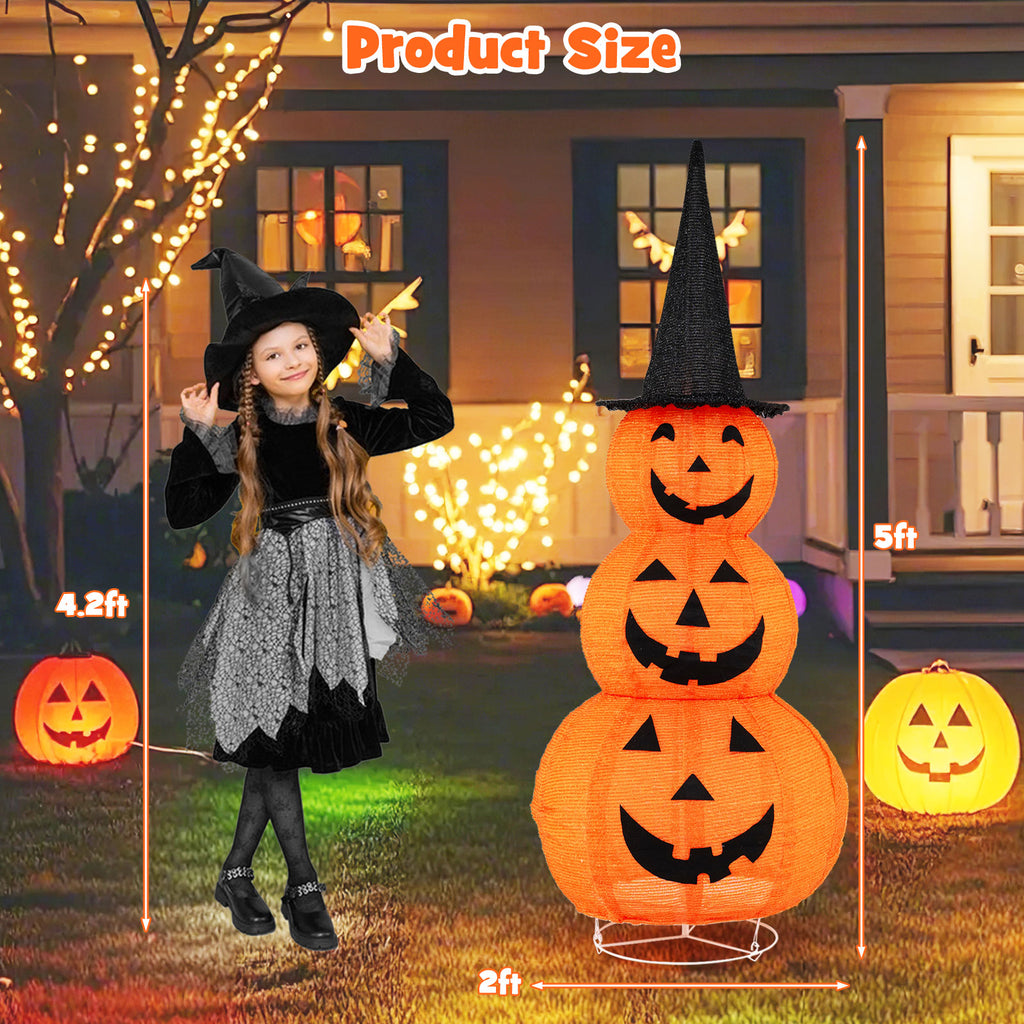 Lighted Stacked Pumpkins Halloween Decoration with Witch Hat - 3 Pumpkins