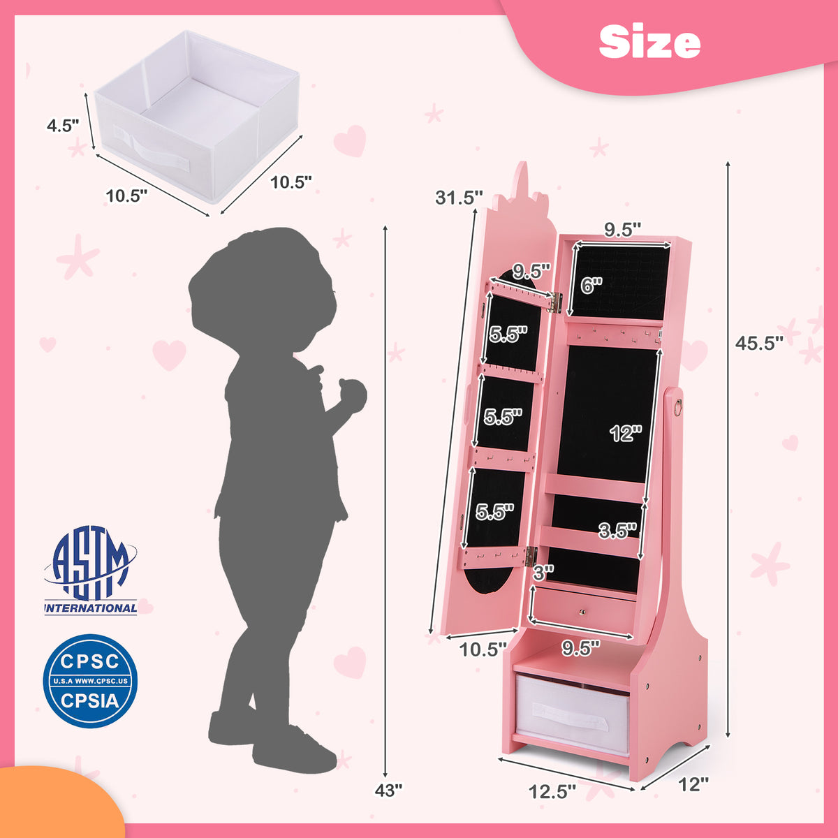 Kids Jewelry Armoire Cabinet with Mirror & Storage - Unicorn Flank Pink