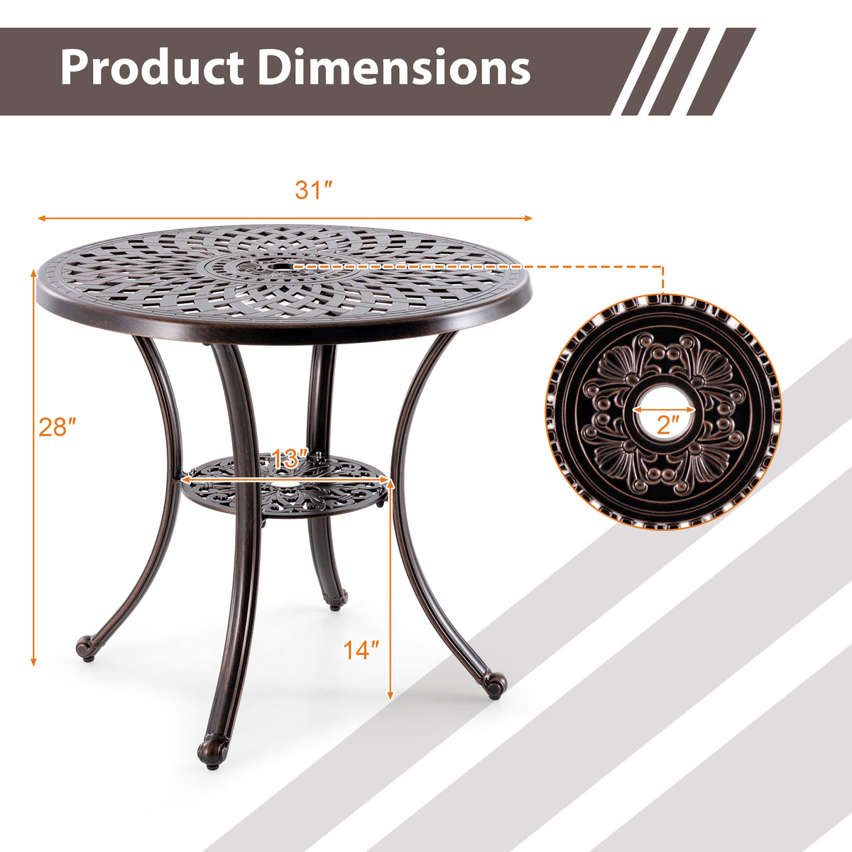 Patio Cast Aluminum Table 31 Inch Diameter Round with Umbrella Hole