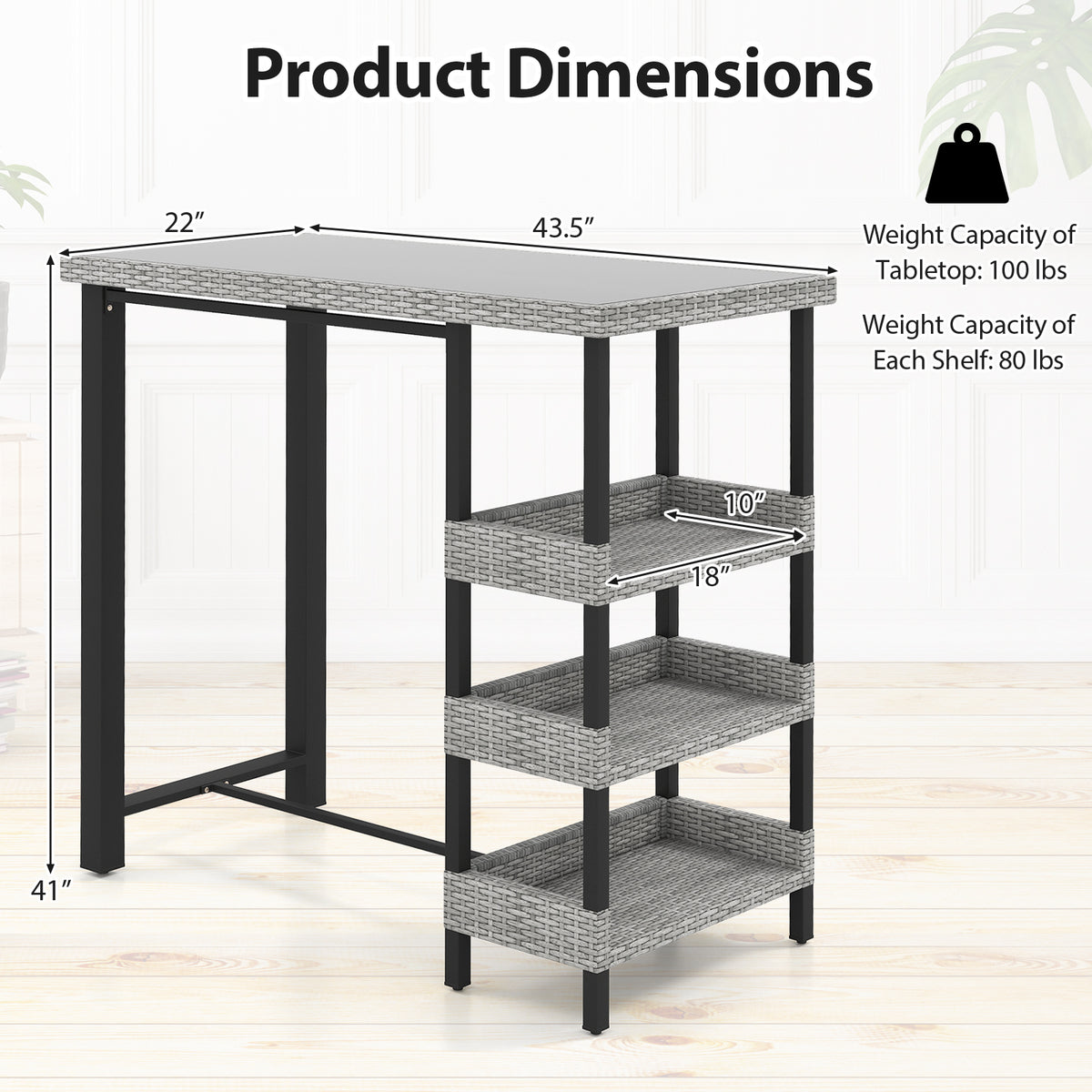 43.5 Inch Outdoor Bar Table with Tempered Glass Top