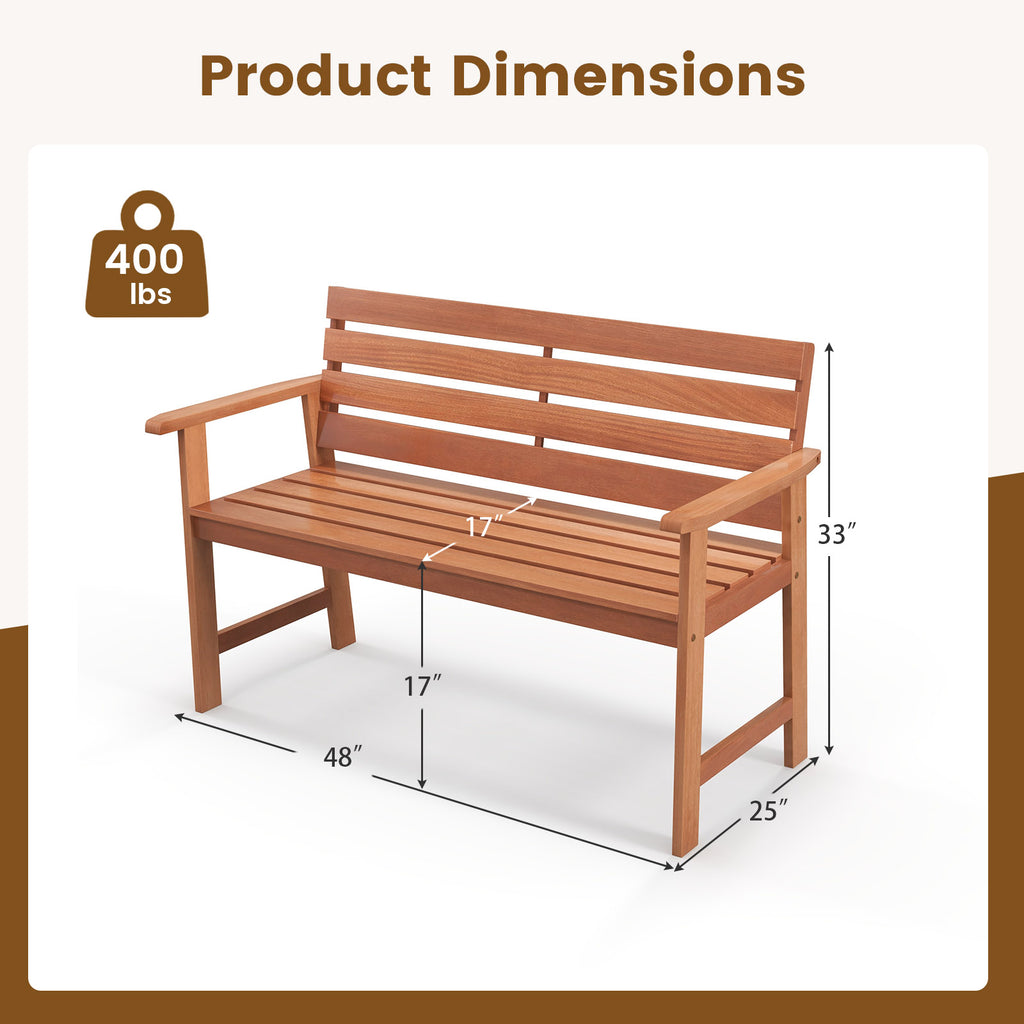 Patio Solid Wood Bench 2-Seat Chair with Breathable Slatted Seat &