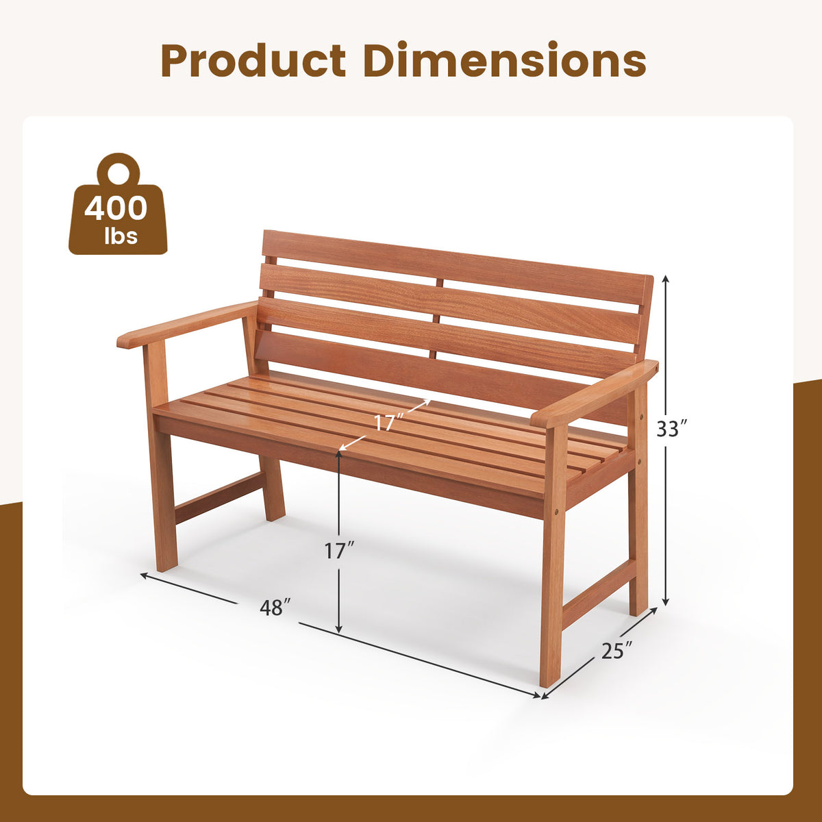 Patio Solid Wood Bench 2-Seat Chair with Breathable Slatted Seat &