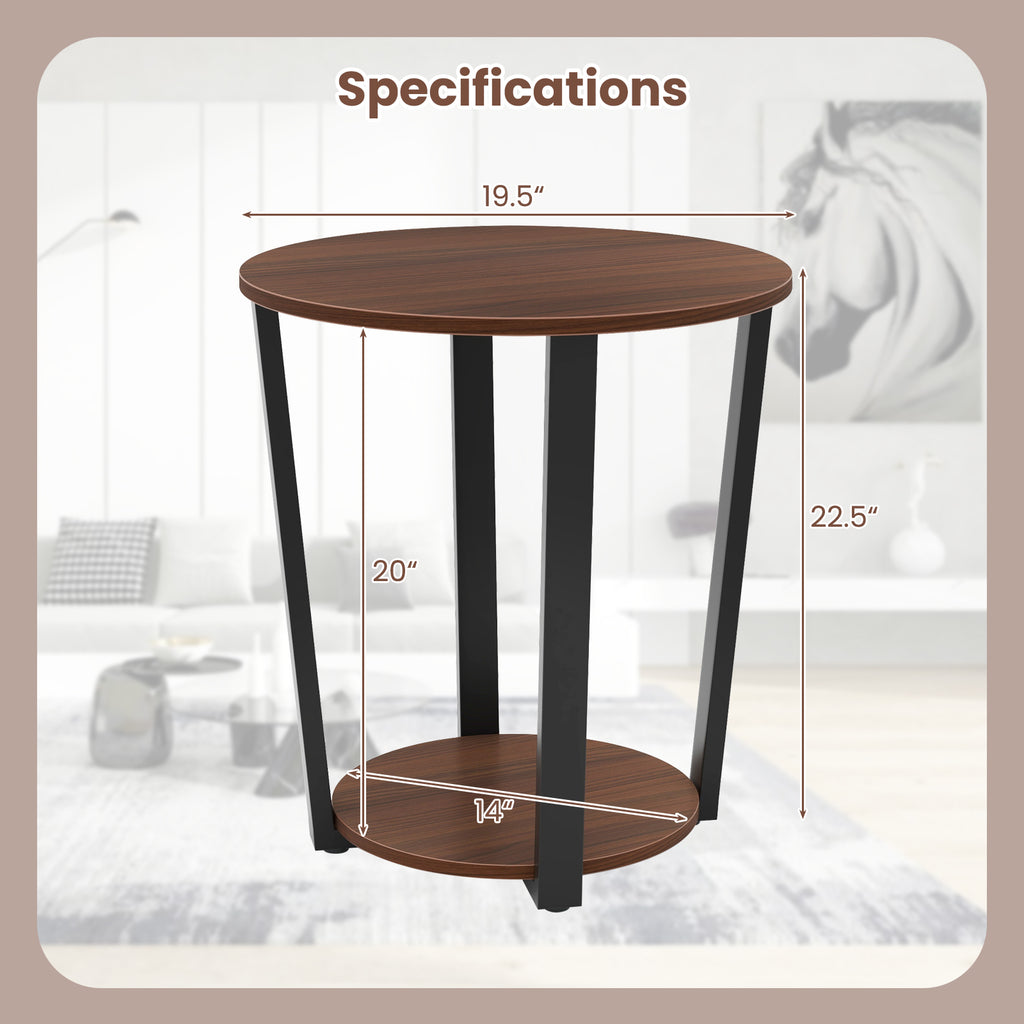 Round End Table with Open Shelf and Metal Frame - Walnut