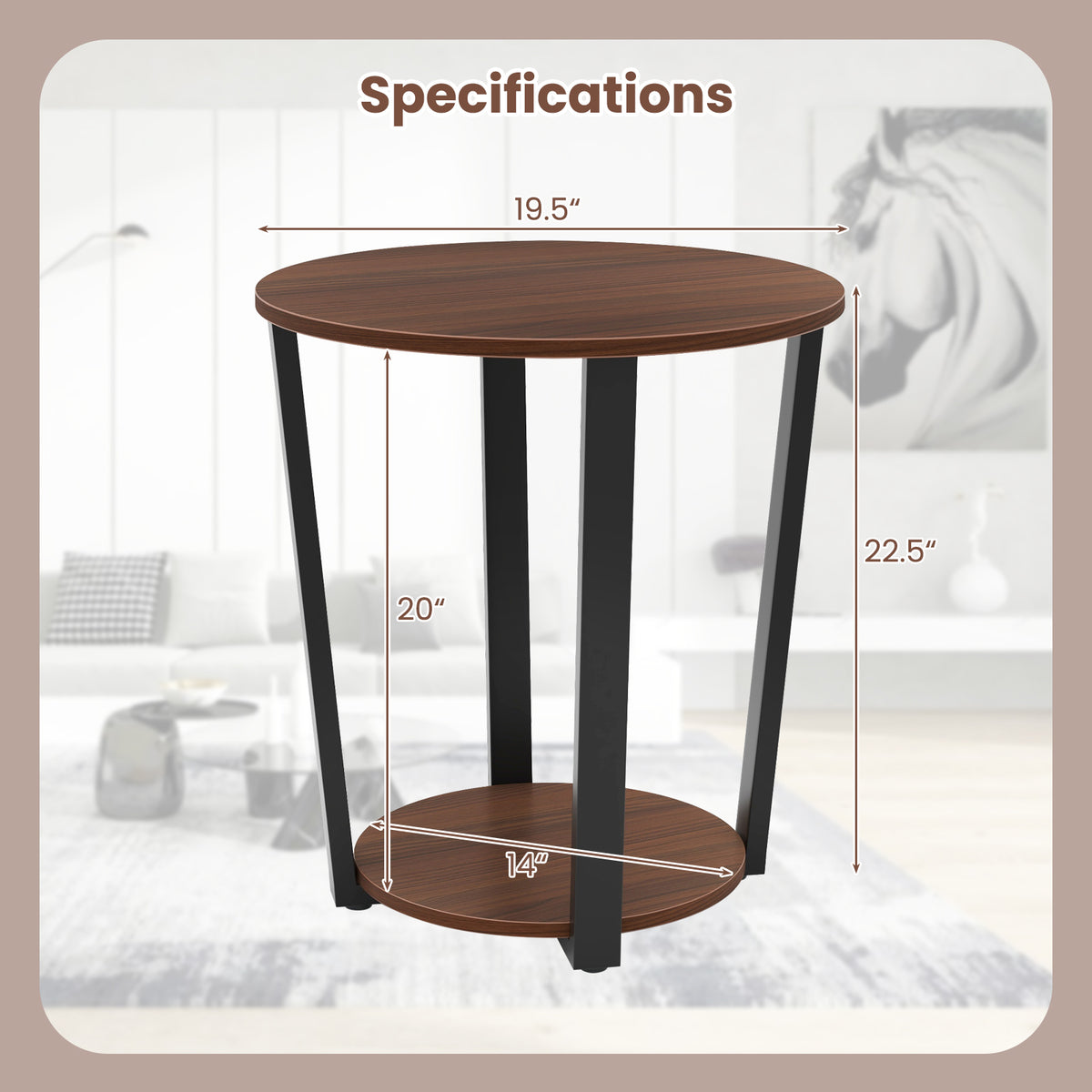 Round End Table with Open Shelf and Metal Frame - Walnut