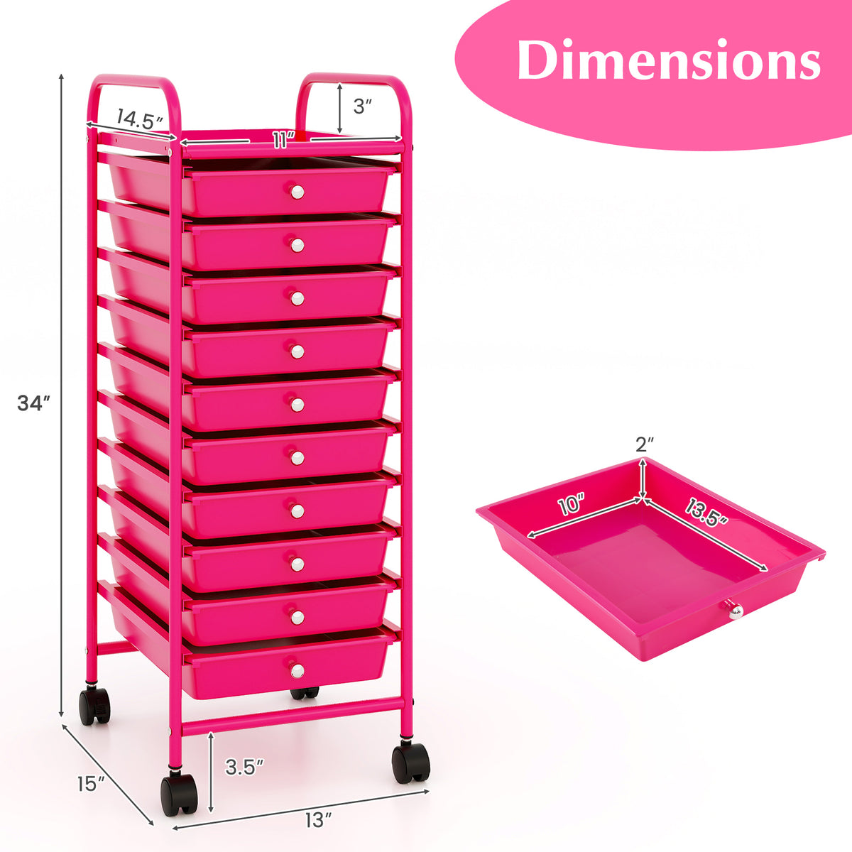 10 Drawer Rolling Storage Cart Organizer with 4 Universal Casters