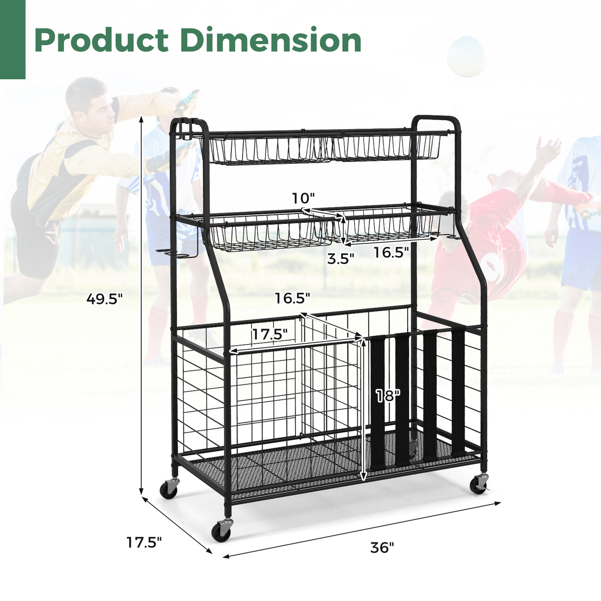 Garage Sports Equipment Organizer with Hooks Baskets & Elastic Straps - Black, Removable Mesh Baskets & Hooks