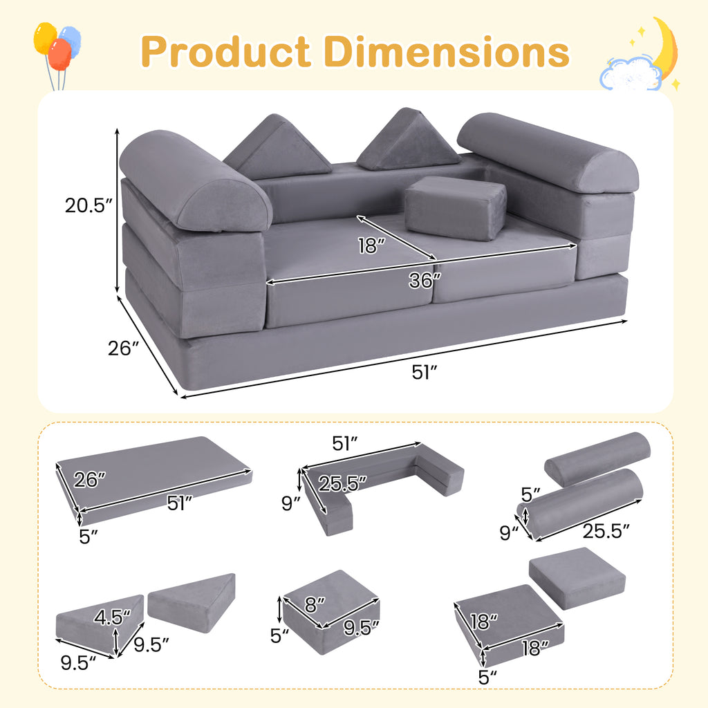 Gray 9-Piece Climb and Crawl Foam Playset with Breathable Suede Fabric - Kids Play Area