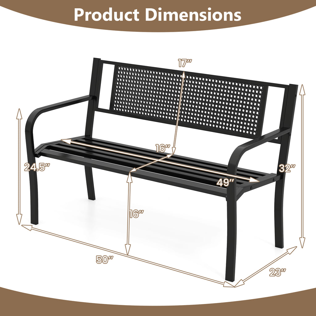 50 Inches Garden Bench with Patterned Backrest and Curved Armrests