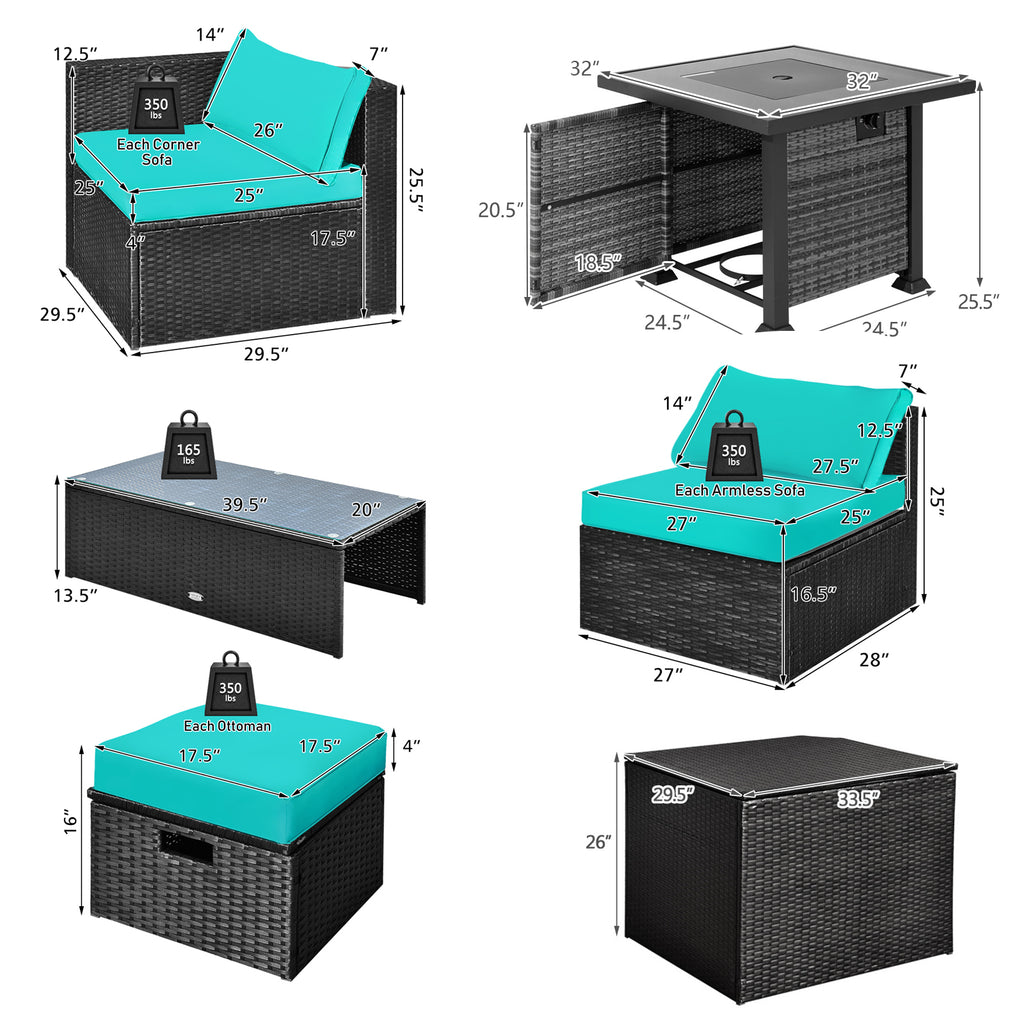 9 Pieces Patio Furniture Set with 32” Fire Pit Table and 50000 BTU