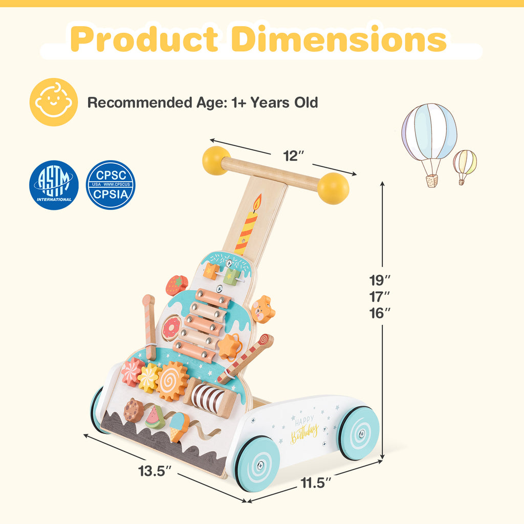 Wooden Baby Walker with Adjustable Heights & Smooth Wheels - White Variation