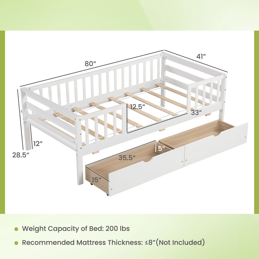 Twin Daybed with Storage Drawers & Safety Fence – White