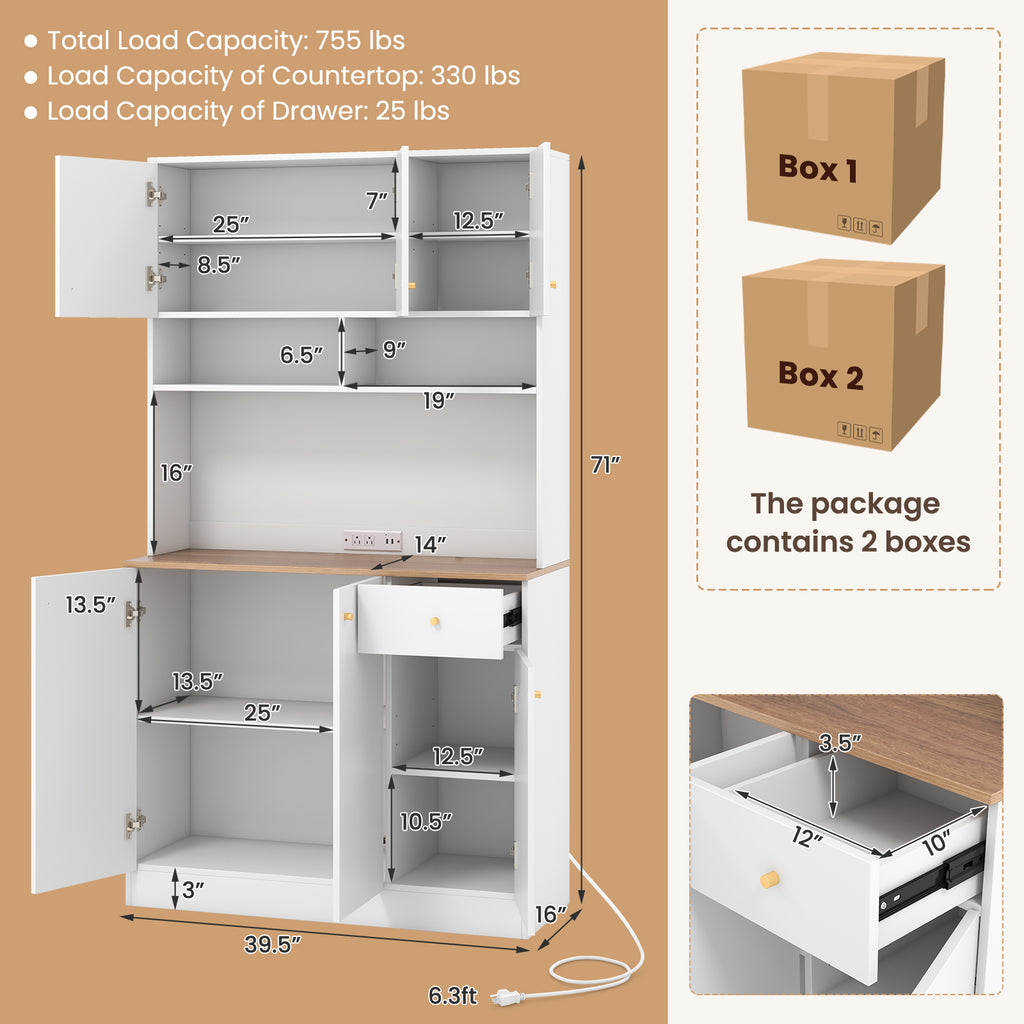 71-Inch Tall Pantry Cabinet with Outlets - White