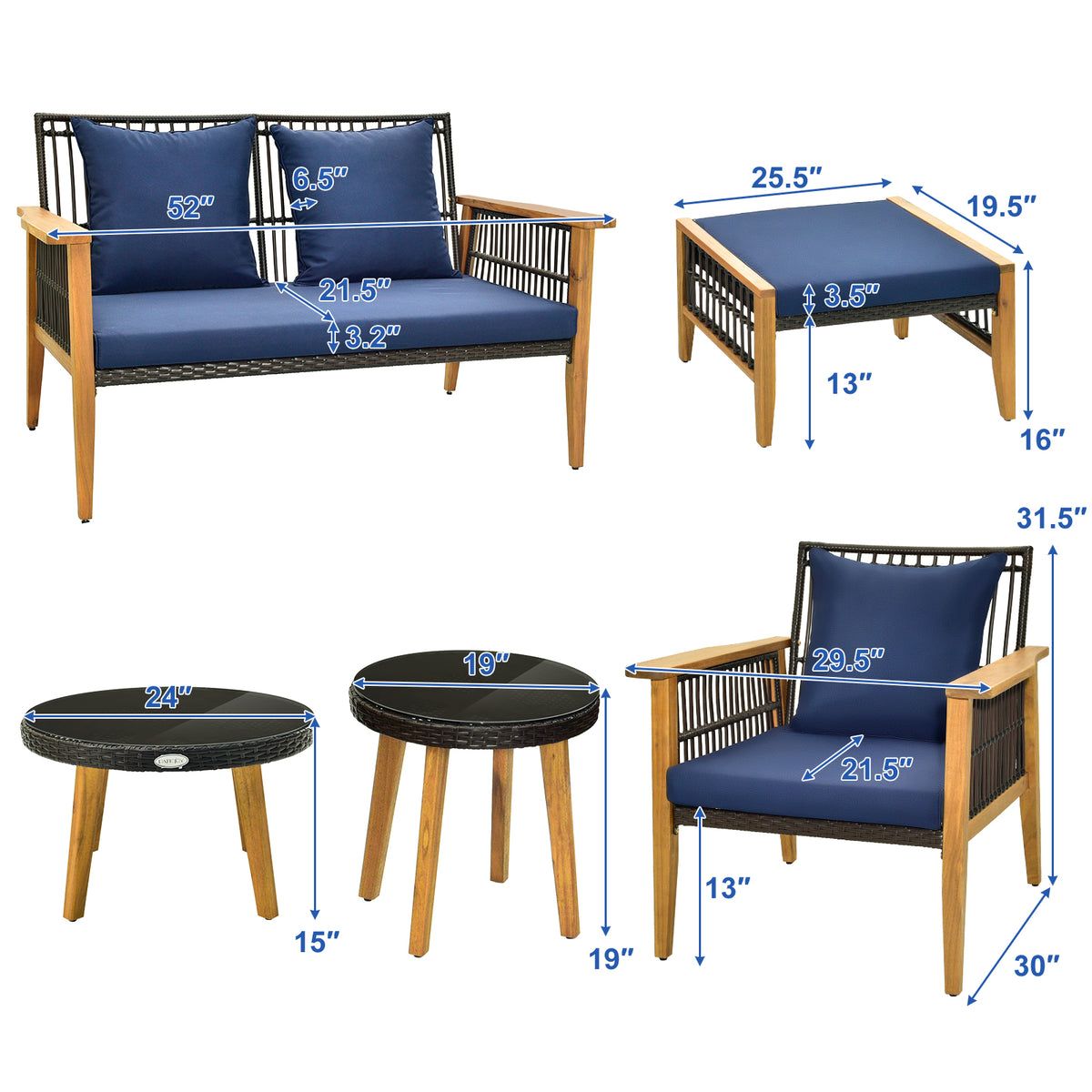 7-Piece Outdoor Conversation Set with Acacia Wood Frame – Navy