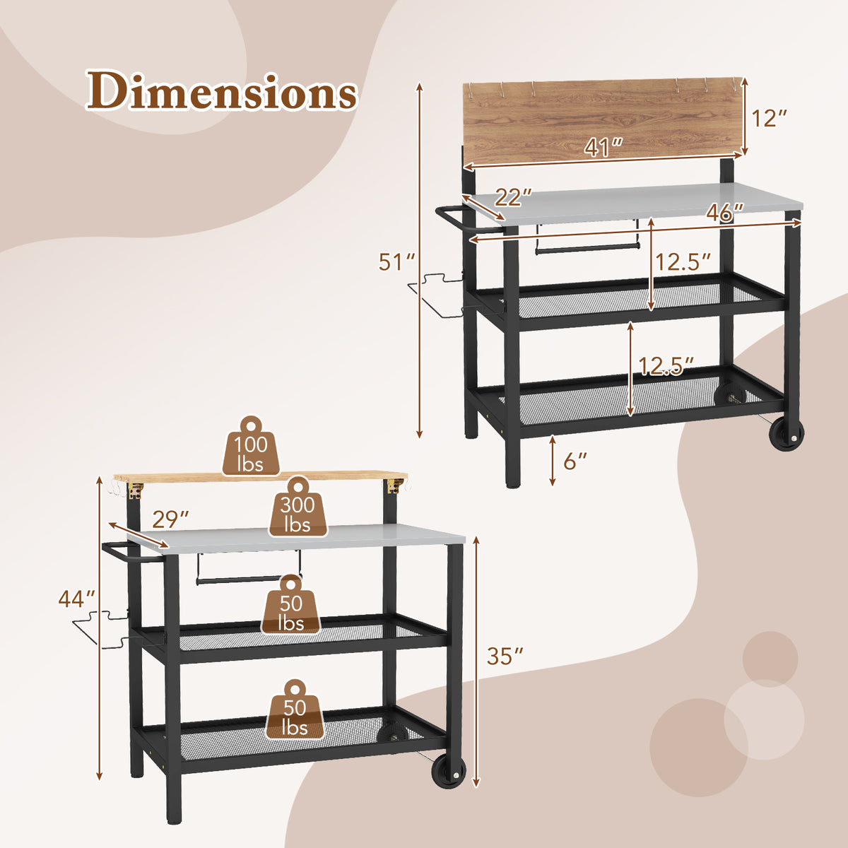 Rolling Bar Cart with Flip-Up Table & Storage Hooks